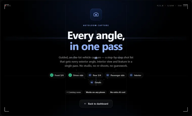 AutoLoom Capture — a guided, on-the-lot shot list that walks through every angle in one pass