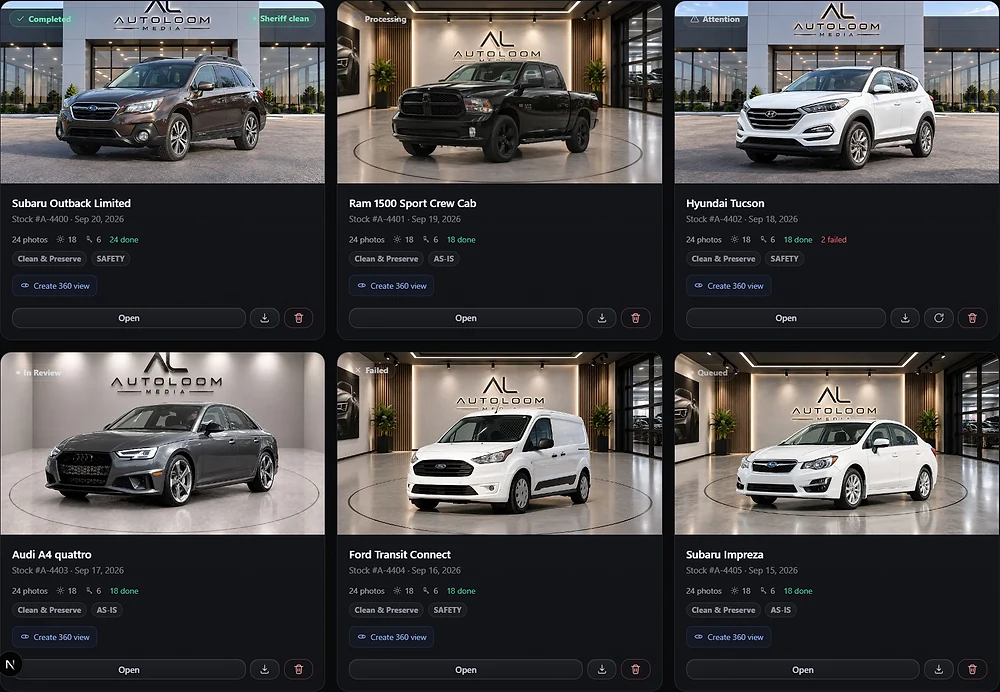 The AutoLoom library, showing each vehicle's photo set with its hero image and current status